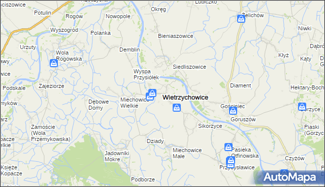 mapa Wietrzychowice powiat tarnowski, Wietrzychowice powiat tarnowski na mapie Targeo