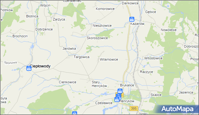 mapa Wilamowice gmina Ciepłowody, Wilamowice gmina Ciepłowody na mapie Targeo