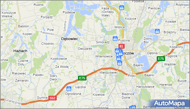 mapa Wilamowice gmina Skoczów, Wilamowice gmina Skoczów na mapie Targeo