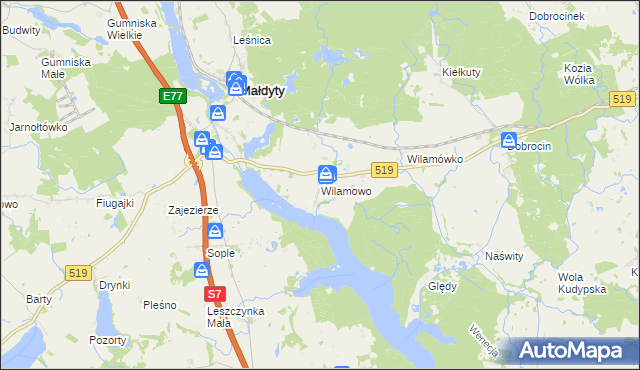 mapa Wilamowo gmina Małdyty, Wilamowo gmina Małdyty na mapie Targeo