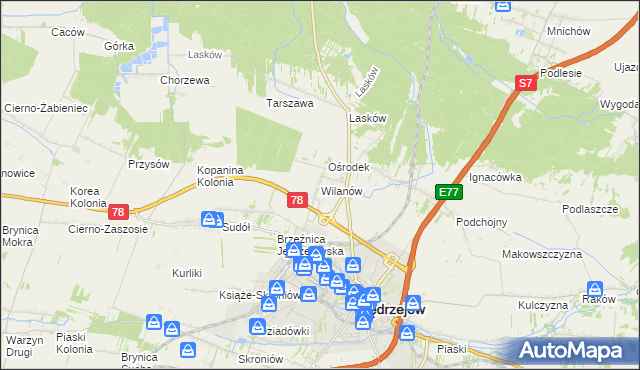 mapa Wilanów gmina Jędrzejów, Wilanów gmina Jędrzejów na mapie Targeo