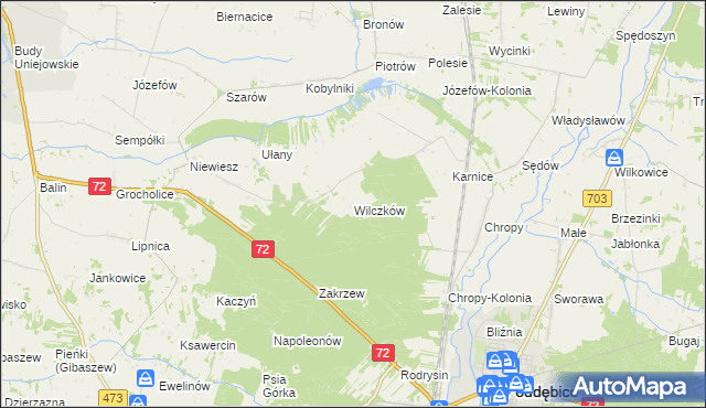 mapa Wilczków gmina Poddębice, Wilczków gmina Poddębice na mapie Targeo
