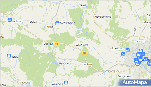 mapa Wilczkowo gmina Gryfice, Wilczkowo gmina Gryfice na mapie Targeo