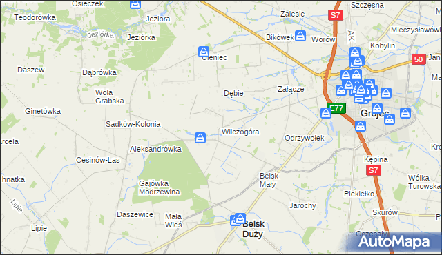 mapa Wilczogóra gmina Belsk Duży, Wilczogóra gmina Belsk Duży na mapie Targeo