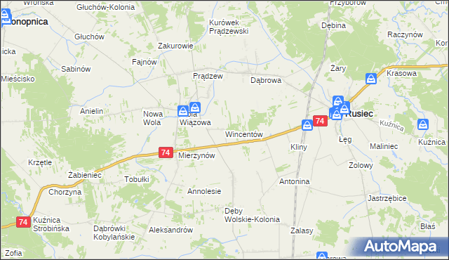 mapa Wincentów gmina Rusiec, Wincentów gmina Rusiec na mapie Targeo