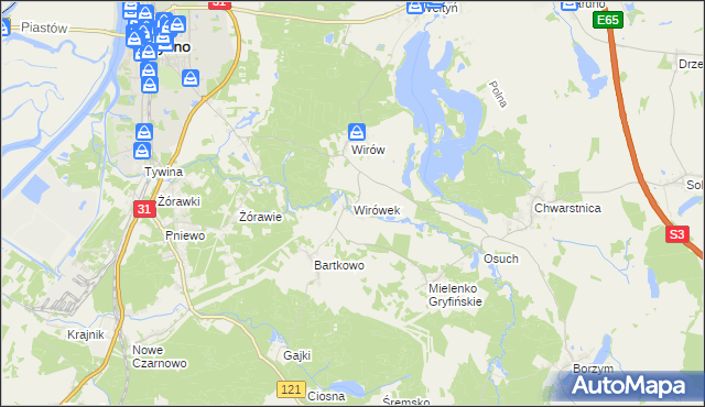 mapa Wirówek gmina Gryfino, Wirówek gmina Gryfino na mapie Targeo