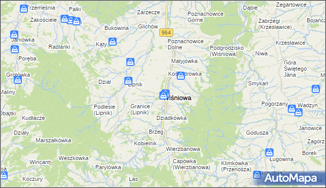 mapa Wiśniowa powiat myślenicki, Wiśniowa powiat myślenicki na mapie Targeo