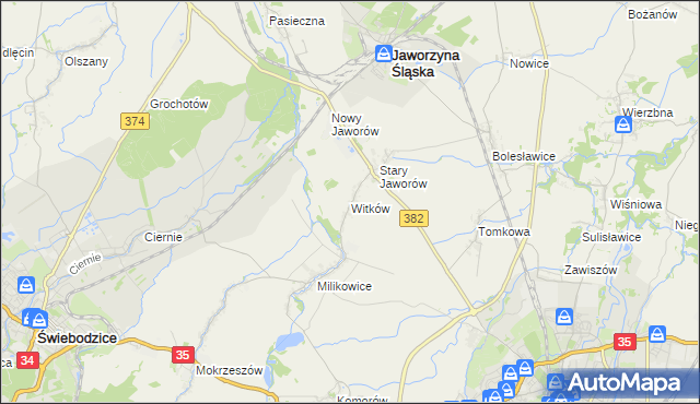 mapa Witków gmina Jaworzyna Śląska, Witków gmina Jaworzyna Śląska na mapie Targeo