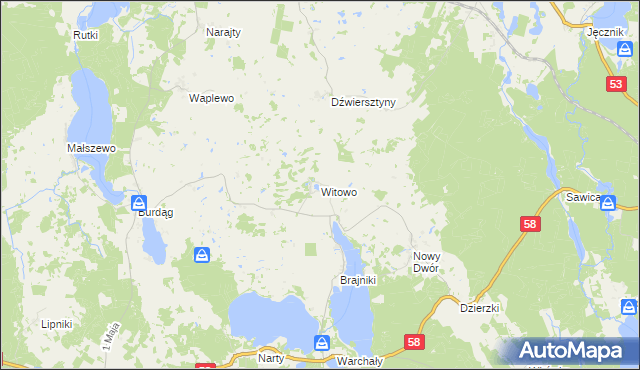 mapa Witowo gmina Jedwabno, Witowo gmina Jedwabno na mapie Targeo