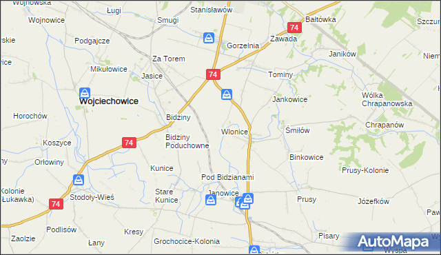 mapa Wlonice gmina Wojciechowice, Wlonice gmina Wojciechowice na mapie Targeo