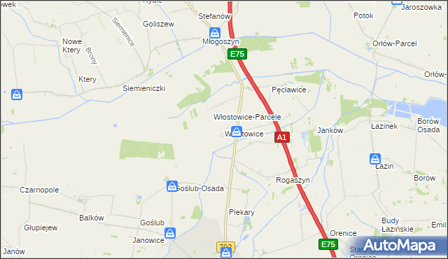 mapa Włostowice gmina Piątek, Włostowice gmina Piątek na mapie Targeo