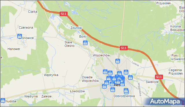 mapa Wojciechów gmina Olesno, Wojciechów gmina Olesno na mapie Targeo