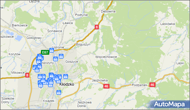mapa Wojciechowice gmina Kłodzko, Wojciechowice gmina Kłodzko na mapie Targeo