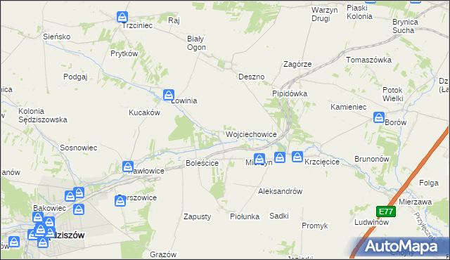 mapa Wojciechowice gmina Sędziszów, Wojciechowice gmina Sędziszów na mapie Targeo