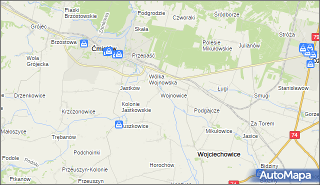 mapa Wojnowice gmina Ćmielów, Wojnowice gmina Ćmielów na mapie Targeo