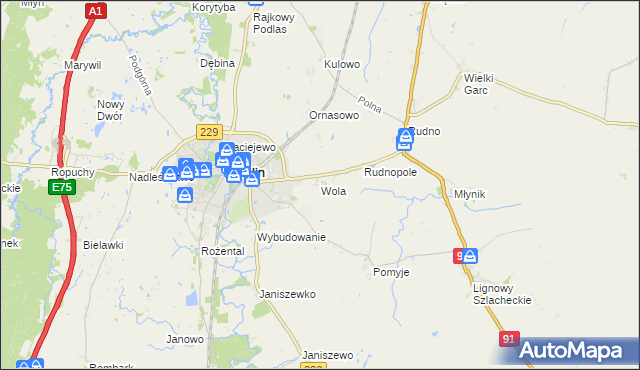 mapa Wola gmina Pelplin, Wola gmina Pelplin na mapie Targeo