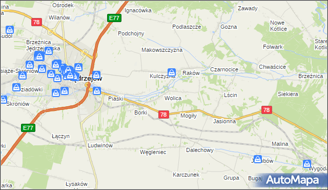 mapa Wolica gmina Jędrzejów, Wolica gmina Jędrzejów na mapie Targeo