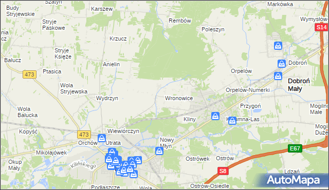 mapa Wronowice gmina Łask, Wronowice gmina Łask na mapie Targeo