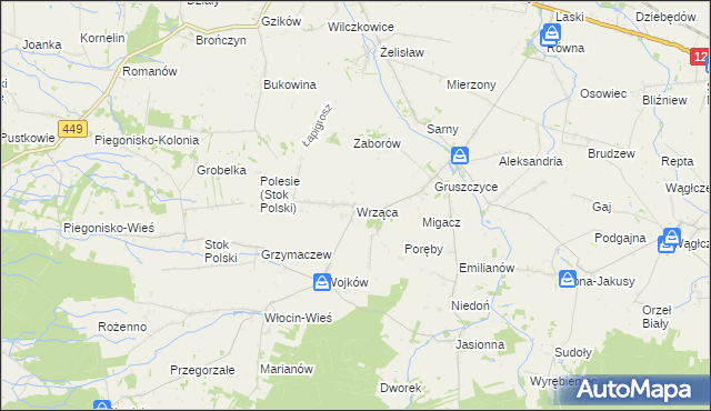 mapa Wrząca gmina Błaszki, Wrząca gmina Błaszki na mapie Targeo