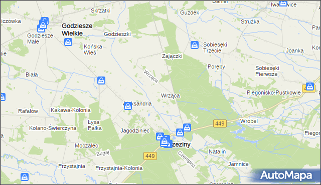 mapa Wrząca gmina Brzeziny, Wrząca gmina Brzeziny na mapie Targeo