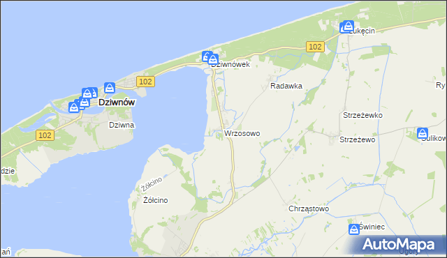 mapa Wrzosowo gmina Kamień Pomorski, Wrzosowo gmina Kamień Pomorski na mapie Targeo
