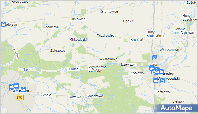 mapa Wybranowo gmina Janowiec Wielkopolski, Wybranowo gmina Janowiec Wielkopolski na mapie Targeo