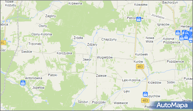 mapa Wygiełzów gmina Zelów, Wygiełzów gmina Zelów na mapie Targeo