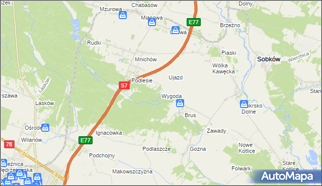 mapa Wygoda gmina Jędrzejów, Wygoda gmina Jędrzejów na mapie Targeo