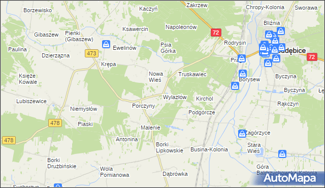 mapa Wylazłów gmina Poddębice, Wylazłów gmina Poddębice na mapie Targeo