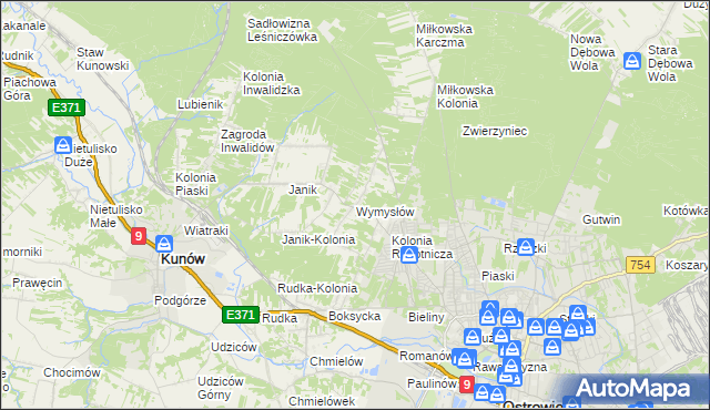 mapa Wymysłów gmina Kunów, Wymysłów gmina Kunów na mapie Targeo