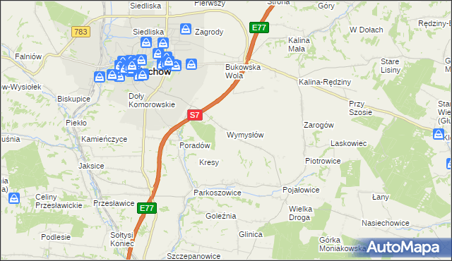 mapa Wymysłów gmina Miechów, Wymysłów gmina Miechów na mapie Targeo