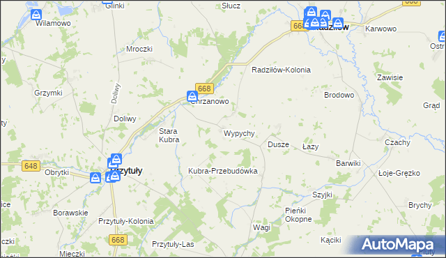 mapa Wypychy gmina Radziłów, Wypychy gmina Radziłów na mapie Targeo