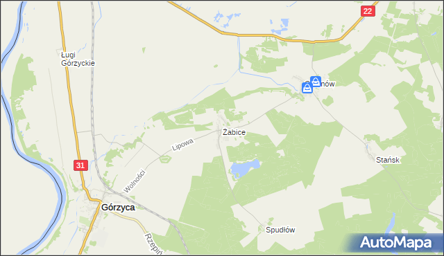 mapa Żabice gmina Górzyca, Żabice gmina Górzyca na mapie Targeo