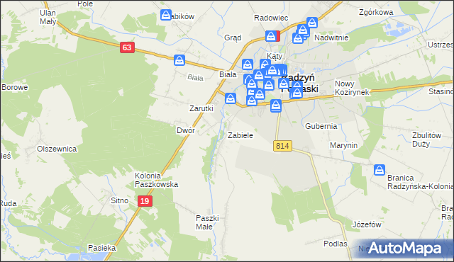 mapa Zabiele gmina Radzyń Podlaski, Zabiele gmina Radzyń Podlaski na mapie Targeo