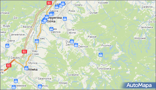 mapa Żabnica gmina Węgierska Górka, Żabnica gmina Węgierska Górka na mapie Targeo