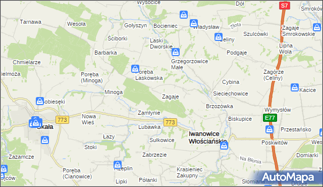 mapa Zagaje gmina Iwanowice, Zagaje gmina Iwanowice na mapie Targeo