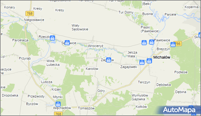 mapa Zagajów gmina Michałów, Zagajów gmina Michałów na mapie Targeo