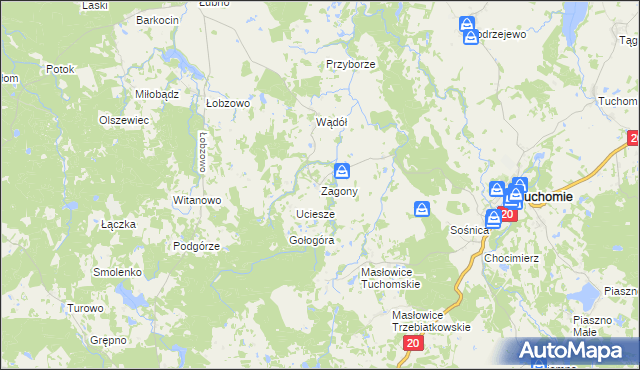 mapa Zagony gmina Tuchomie, Zagony gmina Tuchomie na mapie Targeo