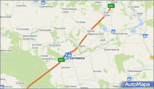 mapa Zagóry gmina Czerniewice, Zagóry gmina Czerniewice na mapie Targeo
