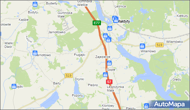 mapa Zajezierze gmina Małdyty, Zajezierze gmina Małdyty na mapie Targeo