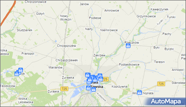 mapa Zakrzew gmina Biała Rawska, Zakrzew gmina Biała Rawska na mapie Targeo
