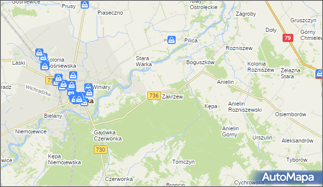 mapa Zakrzew gmina Grabów nad Pilicą, Zakrzew gmina Grabów nad Pilicą na mapie Targeo