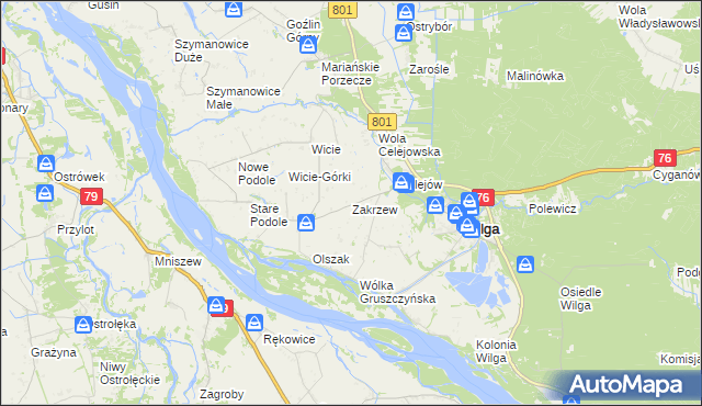 mapa Zakrzew gmina Wilga, Zakrzew gmina Wilga na mapie Targeo