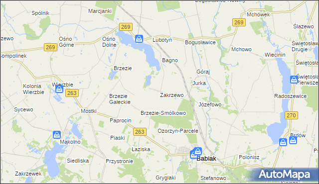 mapa Zakrzewo gmina Babiak, Zakrzewo gmina Babiak na mapie Targeo