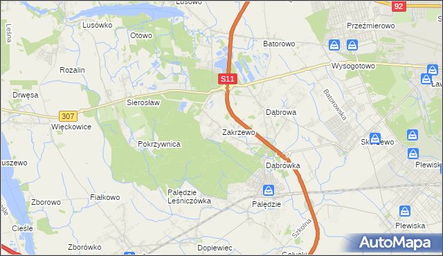 mapa Zakrzewo gmina Dopiewo, Zakrzewo gmina Dopiewo na mapie Targeo