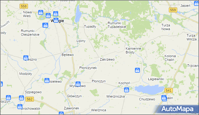 mapa Zakrzewo gmina Wielgie, Zakrzewo gmina Wielgie na mapie Targeo