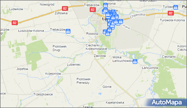 mapa Zakrzów gmina Łęczna, Zakrzów gmina Łęczna na mapie Targeo