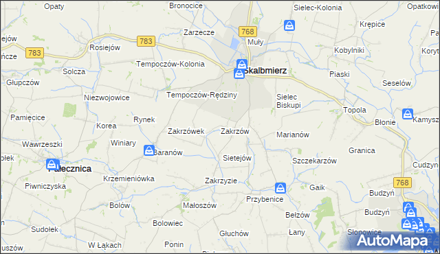 mapa Zakrzów gmina Skalbmierz, Zakrzów gmina Skalbmierz na mapie Targeo