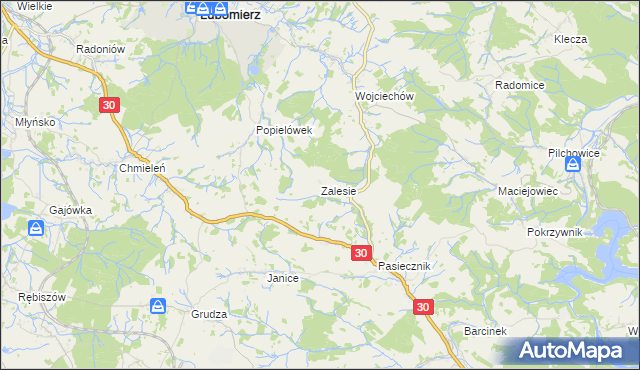 mapa Zalesie gmina Lubomierz, Zalesie gmina Lubomierz na mapie Targeo
