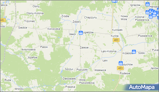 mapa Zalesie gmina Zelów, Zalesie gmina Zelów na mapie Targeo